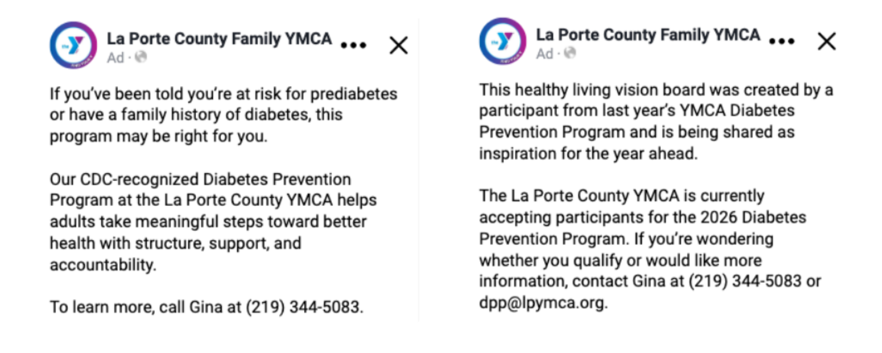 Two side-by-side social media posts from La Porte County Family YMCA about diabetes prevention programs. The left post describes the CDC-recognized Diabetes Prevention Program and encourages contacting Gina at 219-344-5083 for more information. The right post mentions a healthy living vision board created by a participant from last year's YMCA Diabetes Prevention Program, and offers contact details for those interested in the 2026 Diabetes Prevention Program.