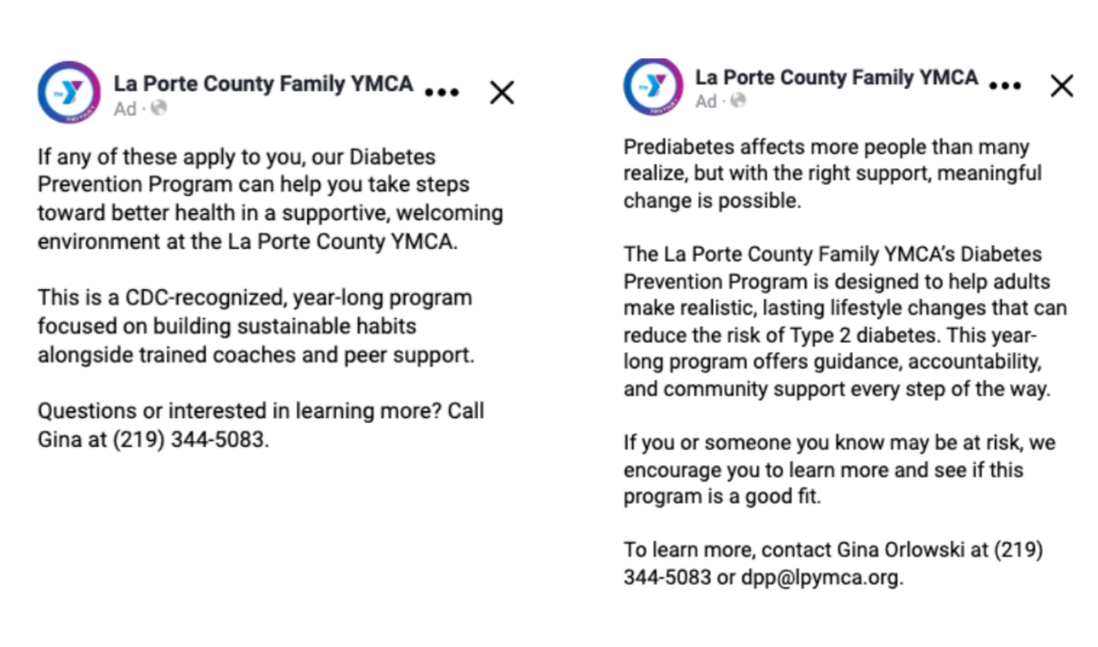 Two separate informational posts from La Porte County Family YMCA. The first discusses a Diabetes Prevention Program focusing on building sustainable habits with contact info. The second highlights the YMCA's Diabetes Prevention Program benefits and encourages learning more if at risk, including contact details.