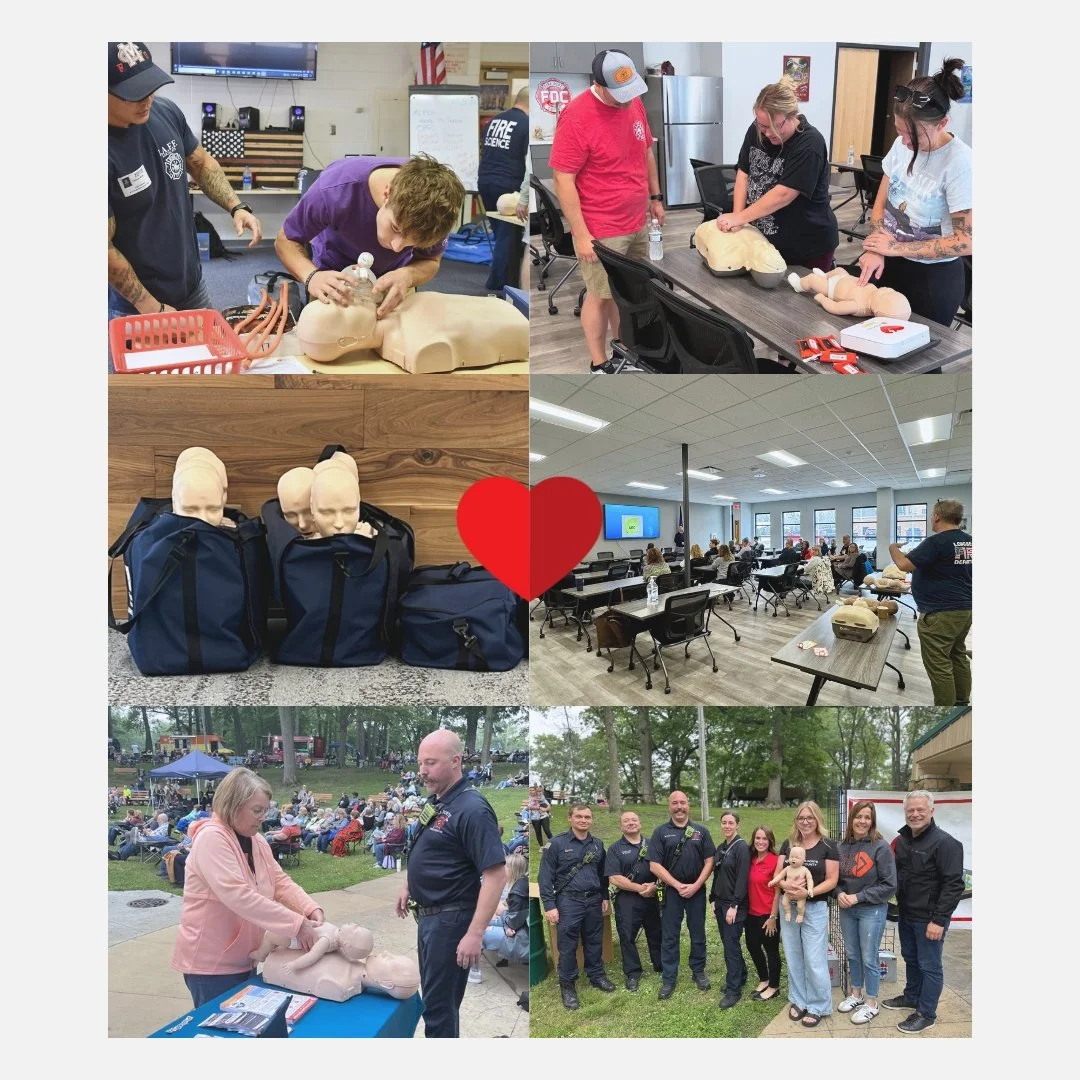 Scenes from a CPR training event showing people practicing CPR on mannequins, emergency response teams, and a classroom setting for CPR certification.