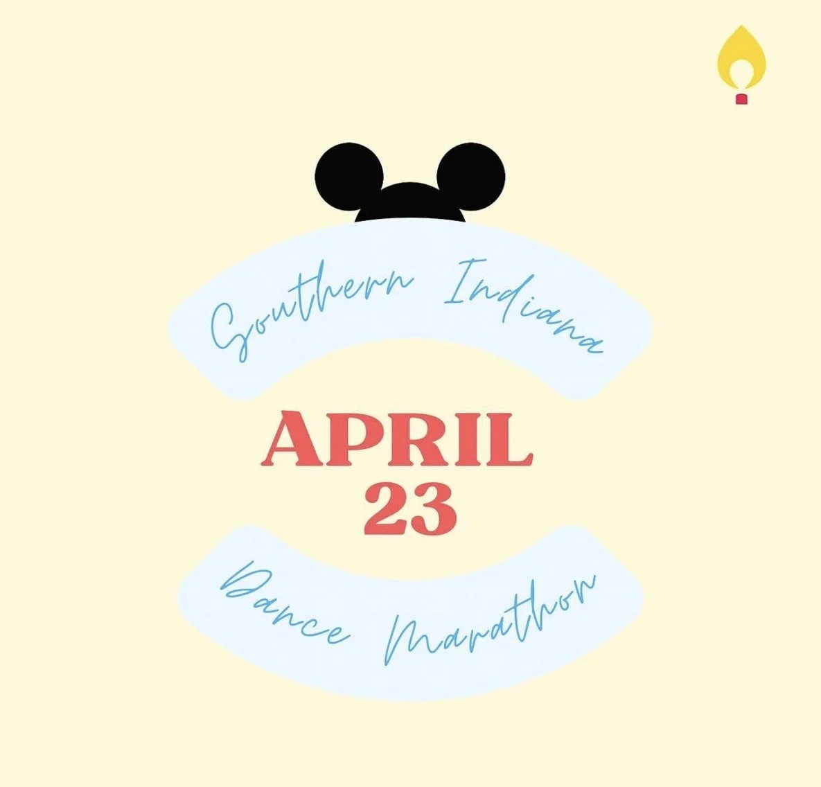 Digital graphic promoting the Southern Indiana Dance Marathon on April 23 with a light beige background, Mickey Mouse ears graphic at the top, and text indicating the event date and name.