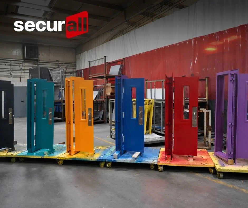 Colorful security doors lined up in a warehouse, featuring various colors including teal, orange, blue, red, and purple, with the 'securall' logo in the top left corner.