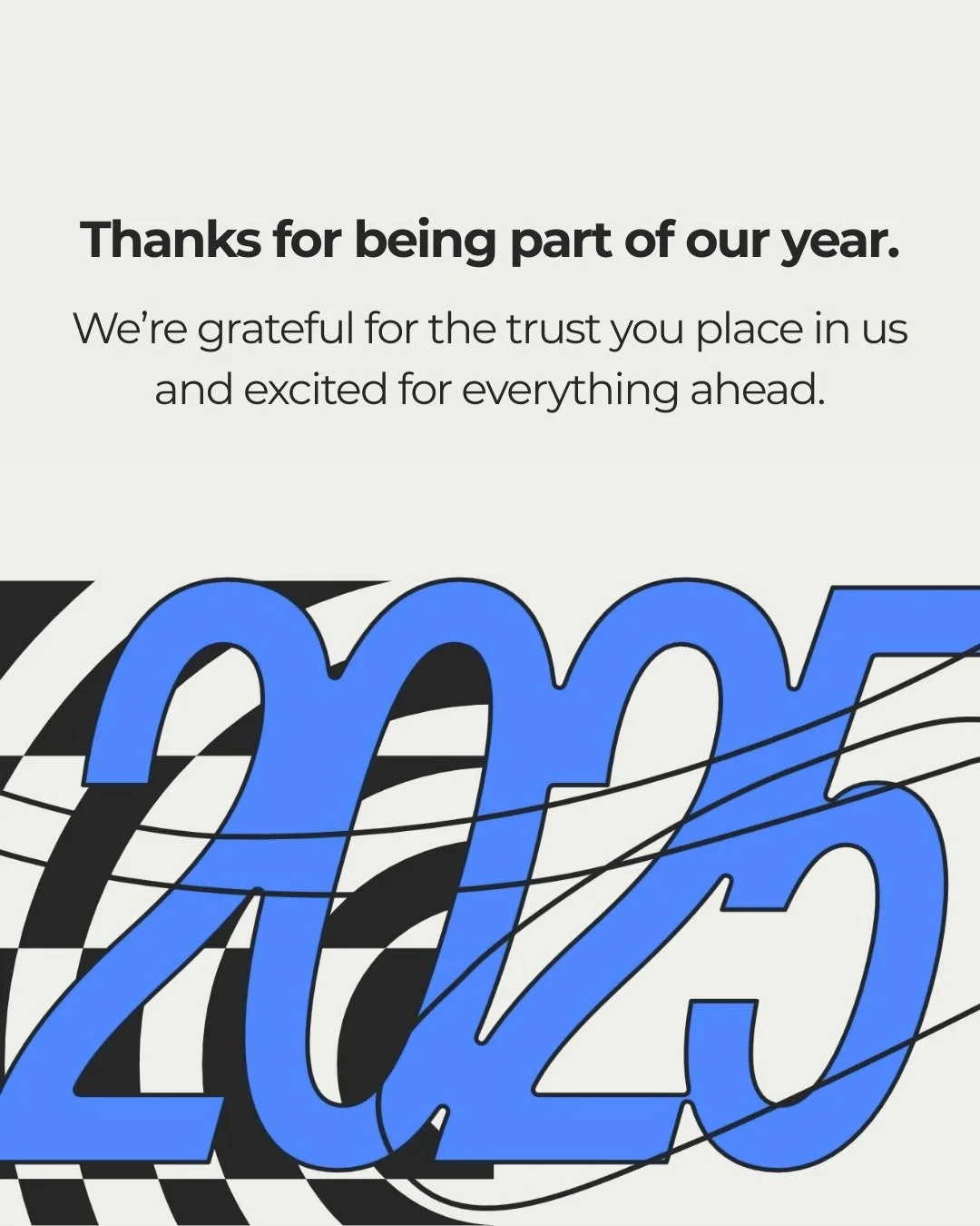 A thank you message for the year 2023 with a modern design, featuring large blue numbers '2023' with black lines creating a dynamic look on a light background.