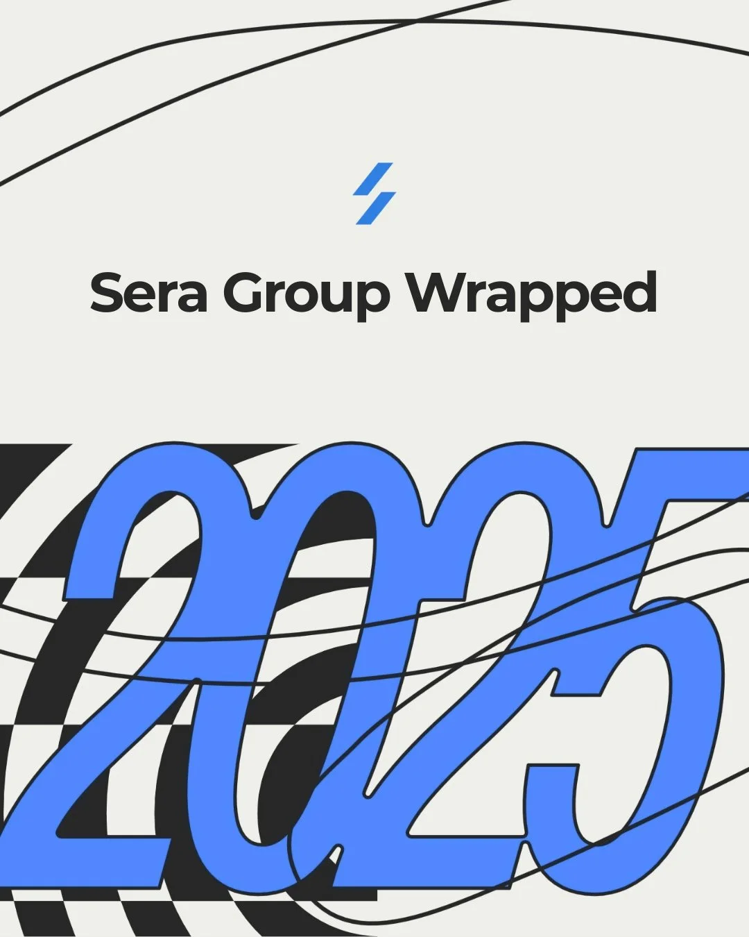 Graphic with the text 'Sera Group Wrapped 2023' and a stylized design in black, white, and blue.