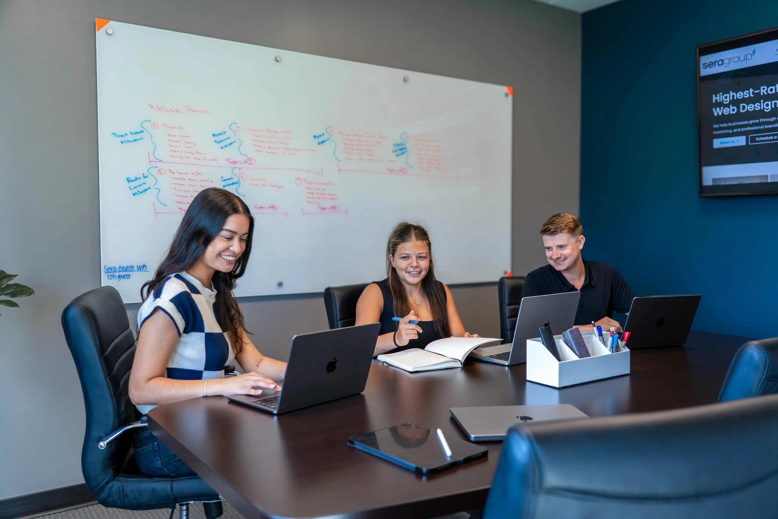 Three people sitting at a conference table with laptops, smiling, in a meeting room with a whiteboard and a screen on the wall.