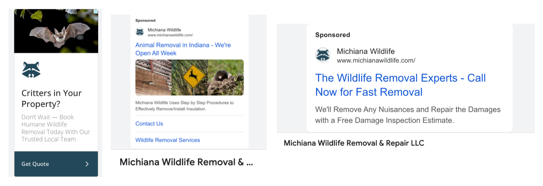 Facebook advertisement page for Michiana Wildlife Removal, featuring a black-brown bat with wings spread and foliage in the background, along with various text and links related to wildlife removal services.