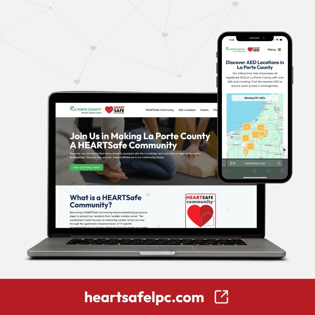 Laptop and smartphone displaying the HeartSafe Community website and AED locations map for La Porte County, with the website address heartsafelp.com at the bottom.