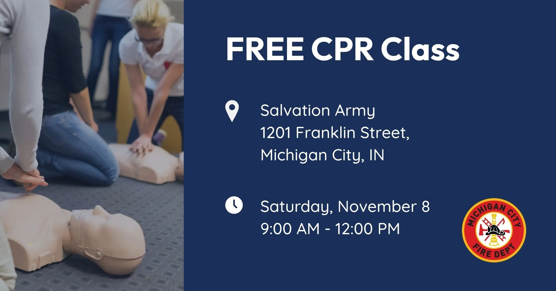 People participating in a CPR training class, practicing on mannequins in a classroom setting.