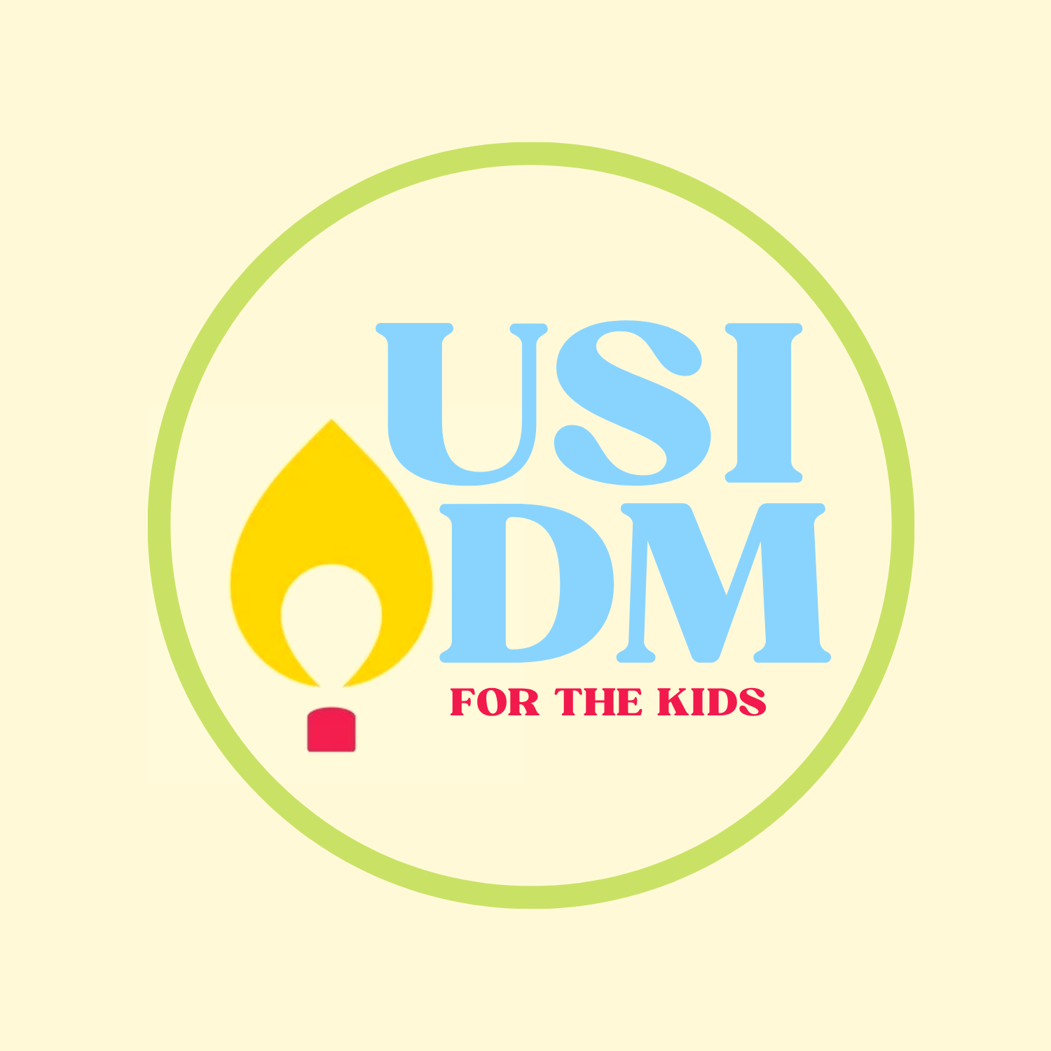Logo with a yellow candle flame, blue text 'USI DM,' and red text 'FOR THE KIDS' inside a green circle on a light yellow background.