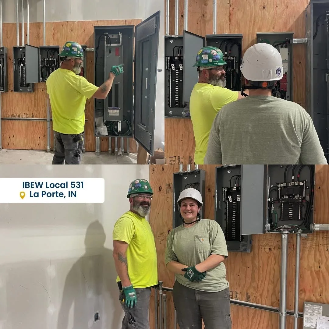 Two workers with safety helmets and gloves installing or inspecting electrical panels on a wooden wall inside a building, with one photo showing them working and the other of them smiling and posing.
