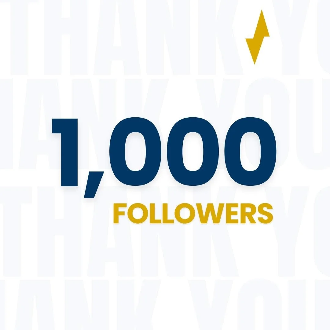 Celebratory graphic showing 1,000 followers with a gold arrow pointing upward