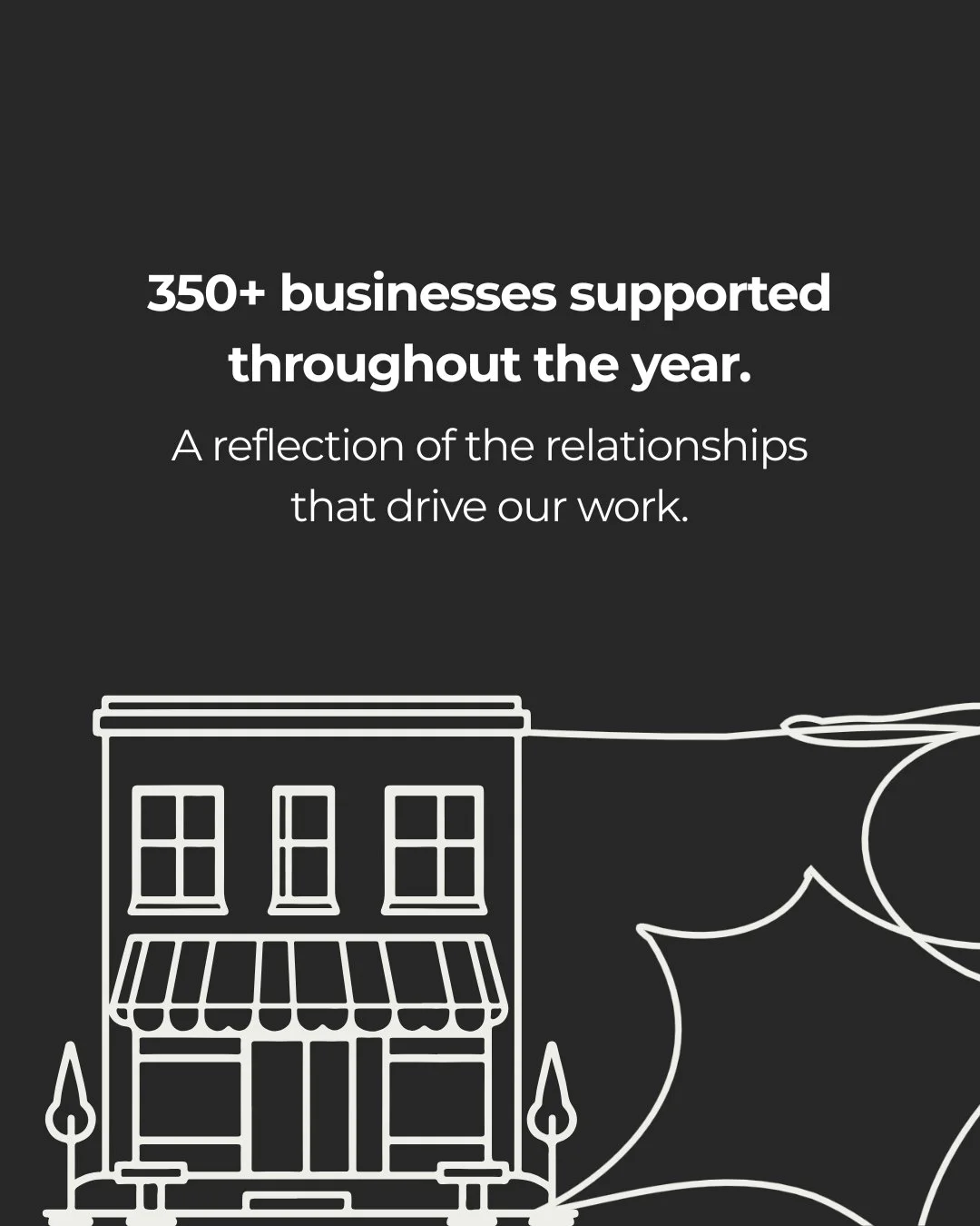 A digital illustration of a storefront on a dark background with white outlines, accompanied by text highlighting support for over 350 businesses and reflecting relationships that drive work.
