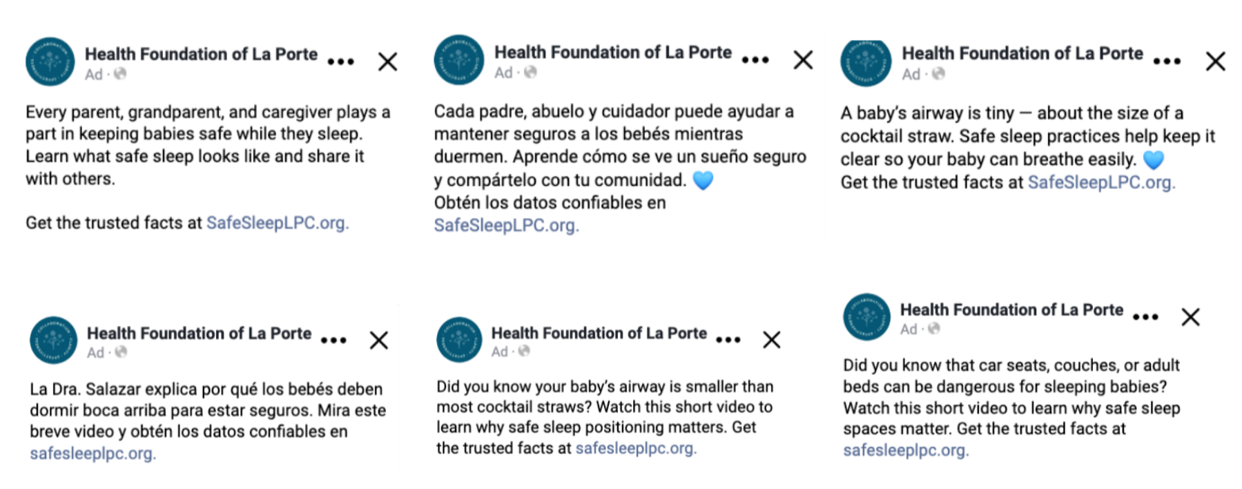 Multiple social media posts from the Health Foundation of La Porte, in English and Spanish, providing information and tips about safe sleep practices for babies, including using safe sleep environments and understanding risks for sleeping babies.