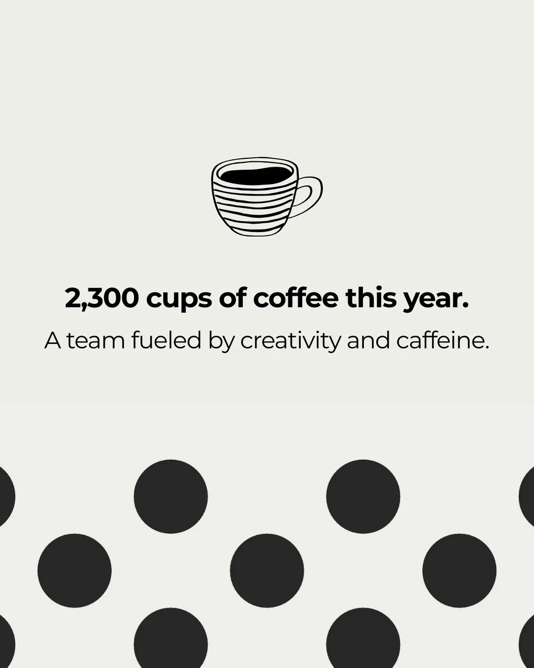 Illustration of a coffee cup with horizontal stripes, filled with coffee. Text indicates 2,300 cups of coffee consumed this year, fueled by creativity and caffeine, set against a background with black polka dots.