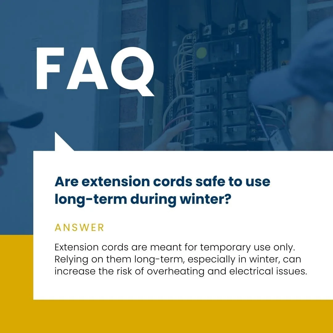 Information about safety of extension cords during winter, with a background image of a technician working on electrical panels.