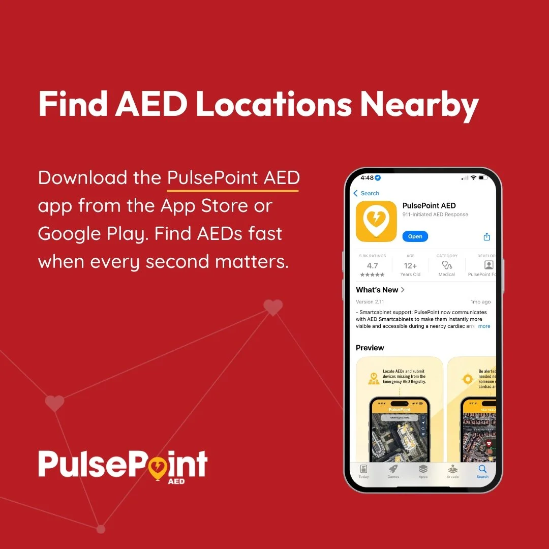 Red promotional graphic for PulsePoint AED app with text urging users to find AED locations nearby, showing a smartphone screen with the app's download page.
