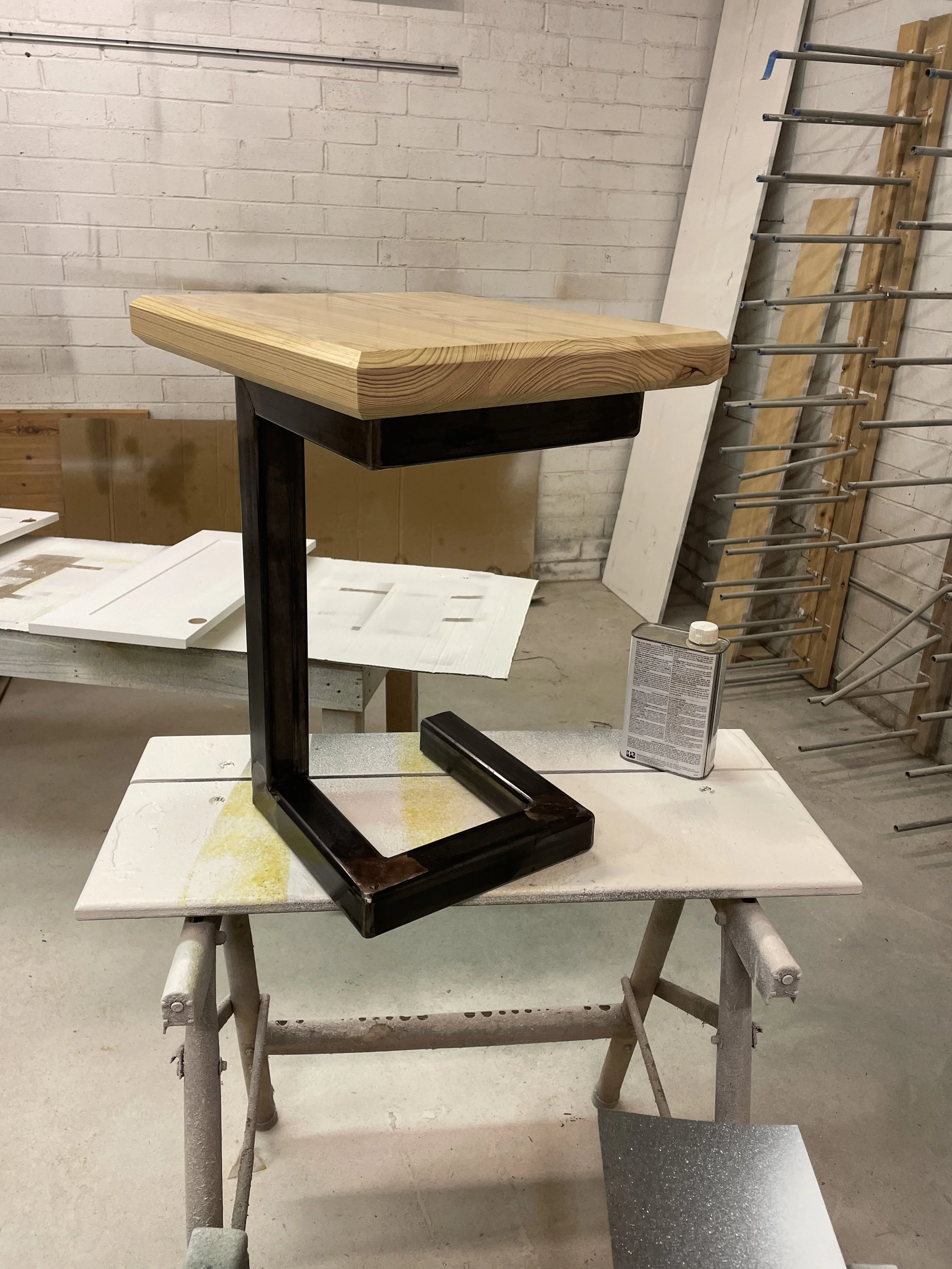 Cypress side table with mild steel base.