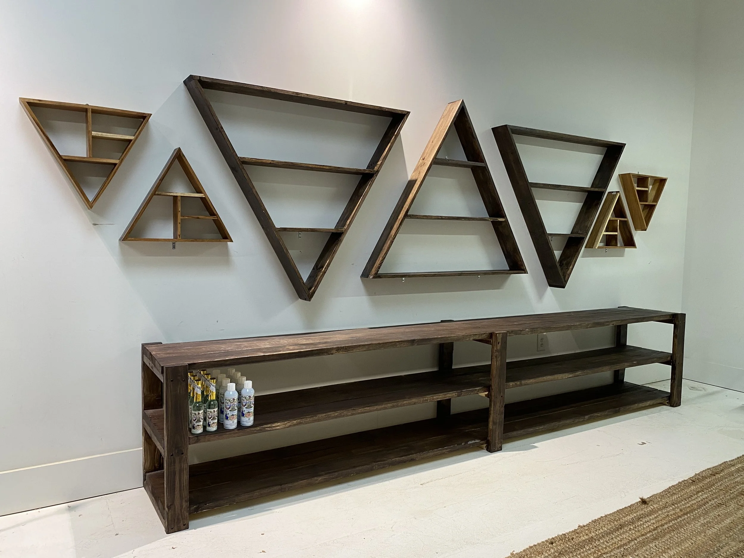 Stained Pine retail display shelving units.
