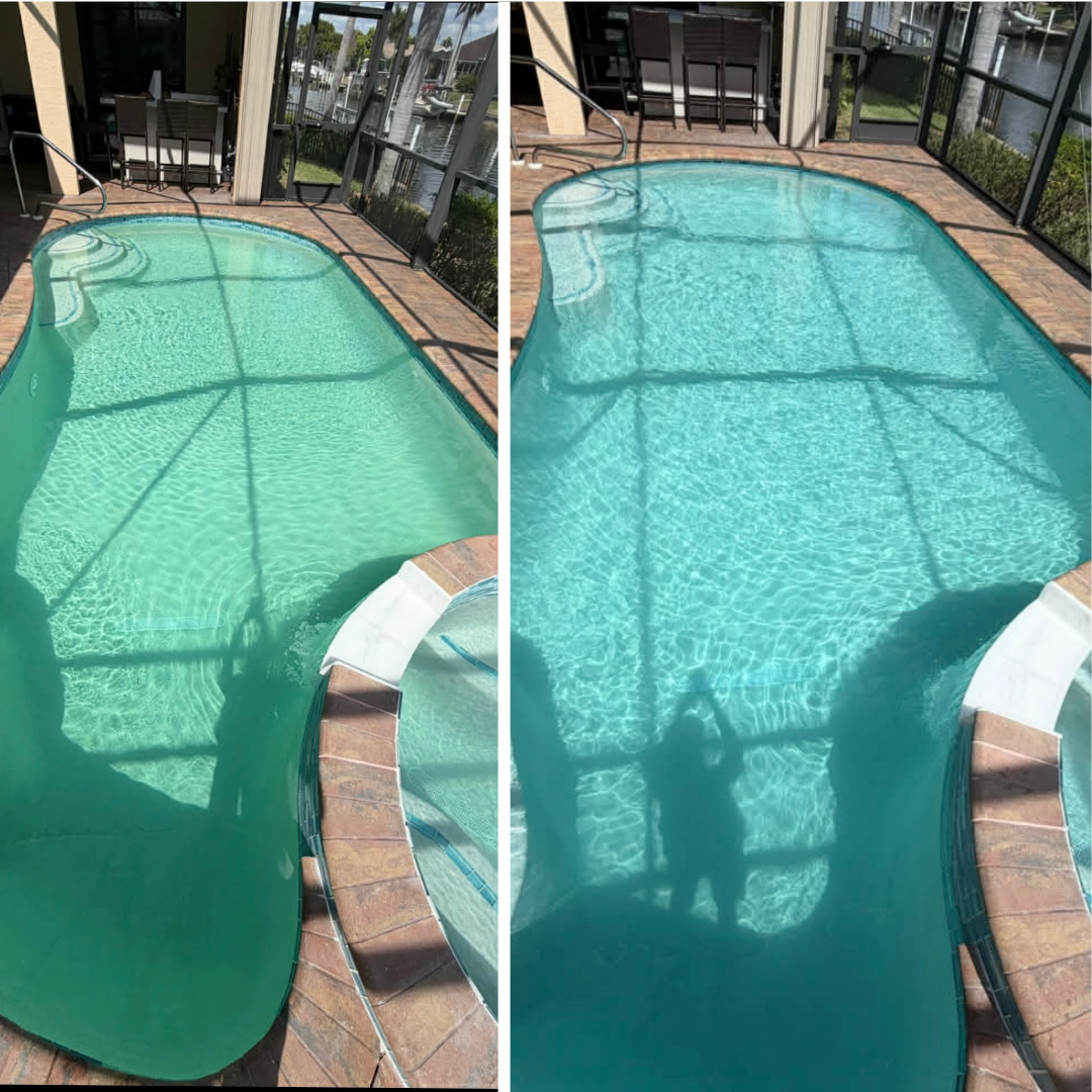 Side-by-side comparison of a screened pool enclosure with a small swimming pool, showing shadows of the enclosure's structure on the water, with chairs and a table in the background.