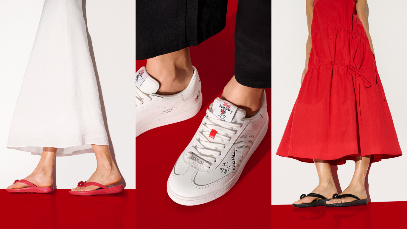 FitFlop x Keith Haring Spring Summer 2026 collection featuring bold red, black and white art-inspired footwear.
