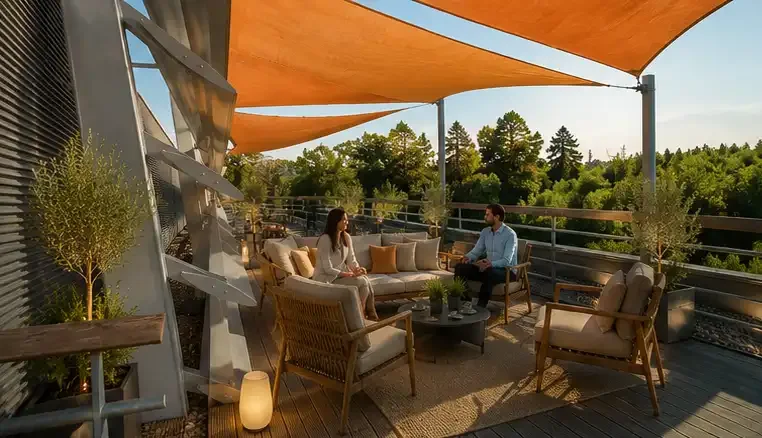 Trois personnes discutent sur une terrasse en plein air sous un auvent orange, entourées de canapés et de fauteuils en bois avec des coussins, avec un paysage verdoyant en arrière-plan.