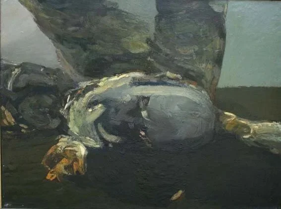 Pintura de naturaleza muerta con ave en óleo, estilo expresionista, tonos oscuros, 1978