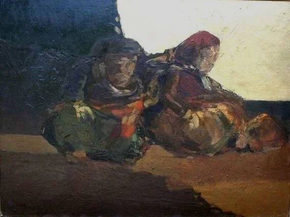 Escena figurativa goyesca con dos personajes sentados, pintura al óleo de estilo expresionista, 1978