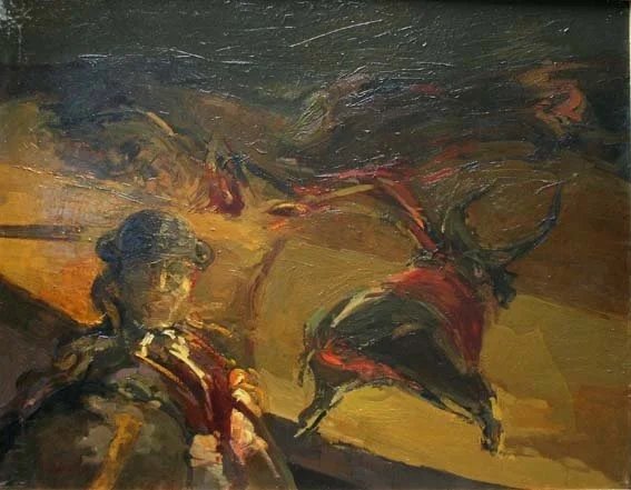 Escena taurina con torero y toro en movimiento, pintura al óleo expresionista de 1978