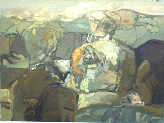 Composición de figuras en pintura al óleo, estilo expresionista con tonos suaves, 1979