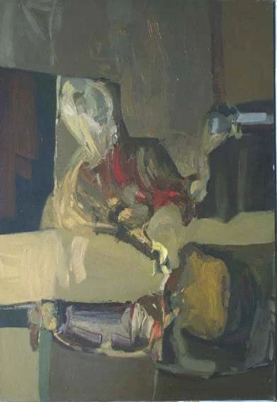 Figura expresionista en interior pintada al óleo en 1979, con tonos oscuros y pincelada gestual