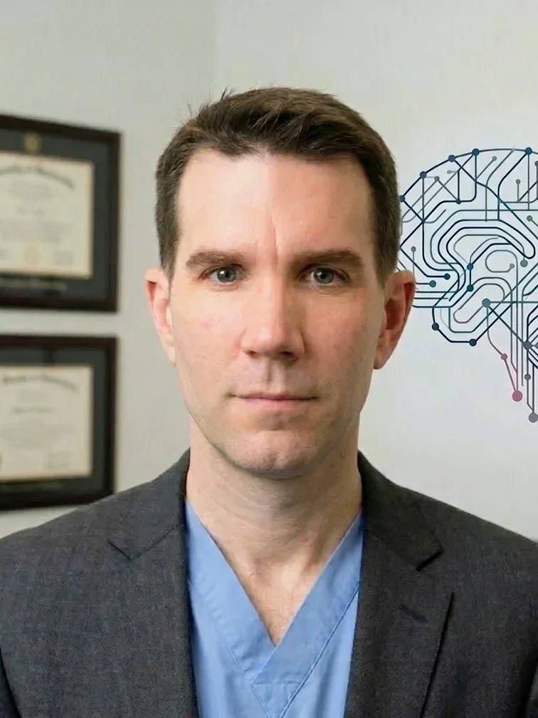 A man in formal attire with a blue medical scrubs shirt standing in front of a wall with framed certificates and a digital illustration of a brain with neural connections.