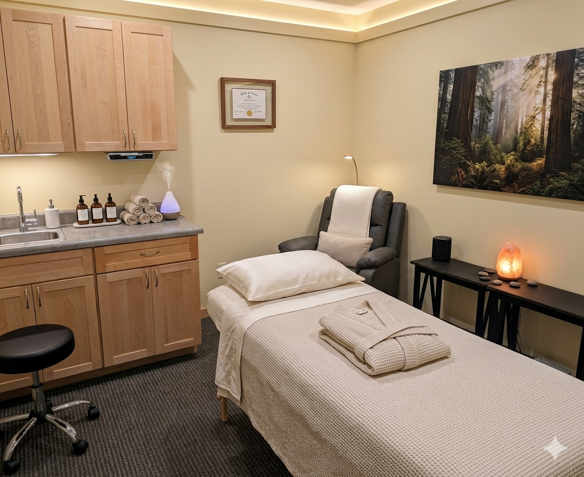 Room with a massage or therapy bed, a black recliner chair, a small black table with salt lamp and rocks, a framed certificate, medicine cabinet, steam diffuser, and framed forest scenery wall art.
