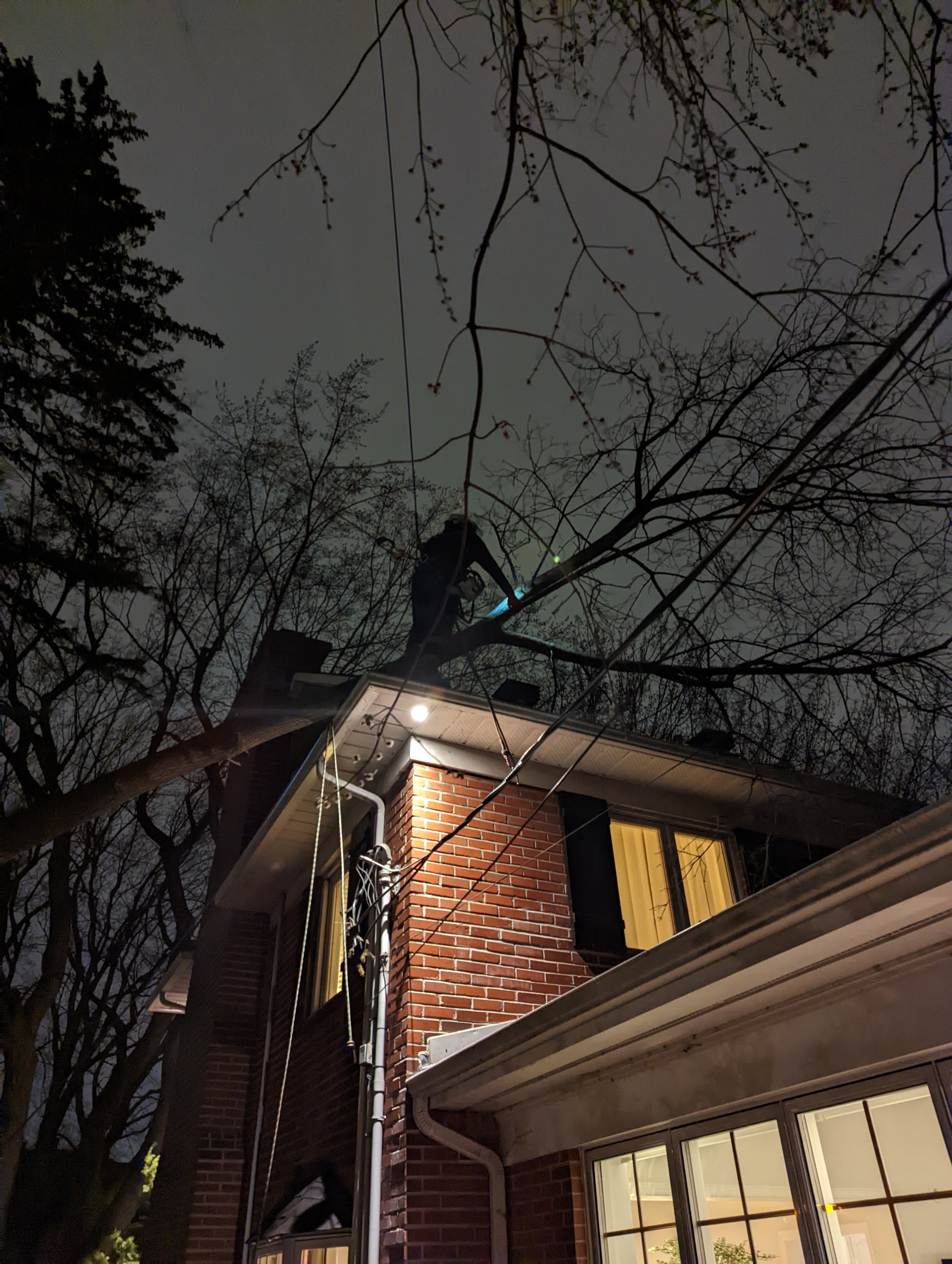 Retrait d'un arbre en urgence tombé sur une maison dans les laurentides