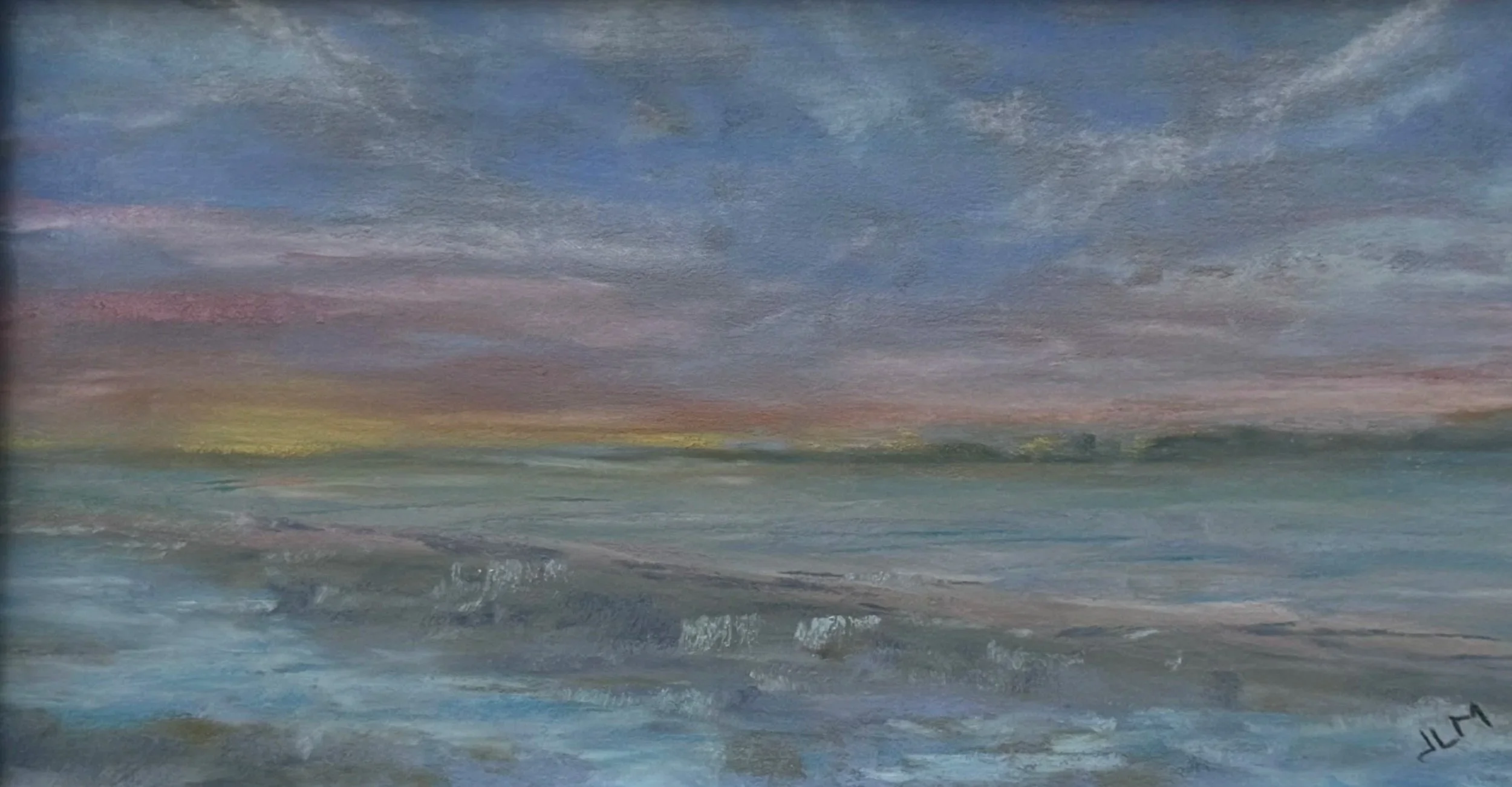 A painting of a seascape with a colorful sky and waves crashing on the shore.