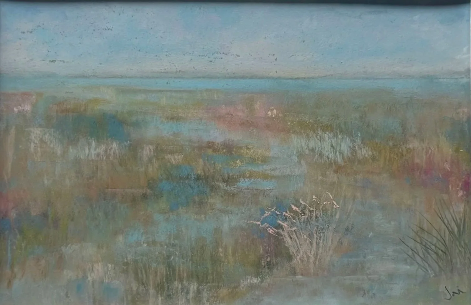 An abstract painting of a nature landscape with a blue sky, water, and various shades of green, pink, and beige representing trees, bushes, and grasses.