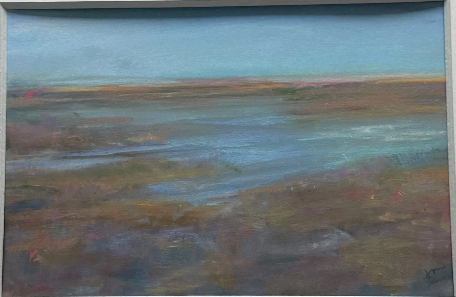 An abstract landscape painting with a blue sky, a body of water, and land in the background, rendered in soft, muted colors.
