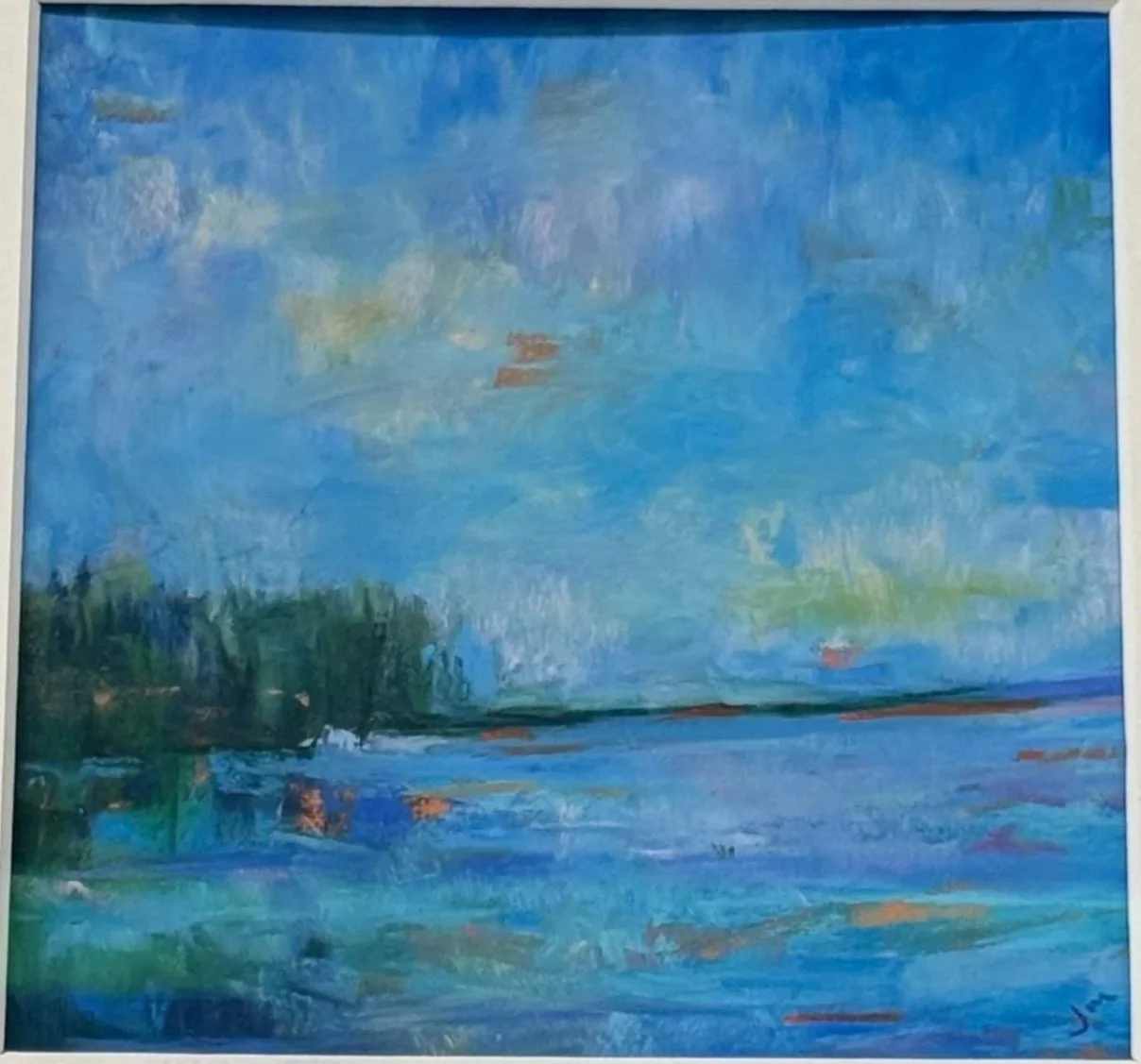 An impressionist style painting of a lakeside scene with blue sky, water, and green trees in the background.