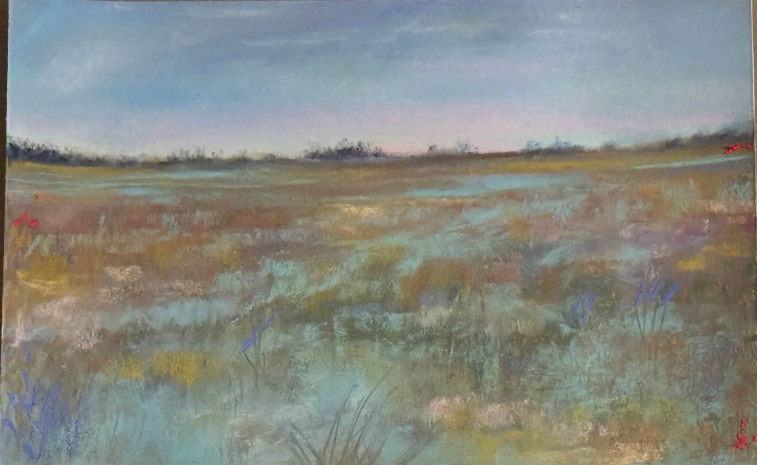 A painting of a landscape with a wide, open field, a small water body, and a distant tree line under a blue sky with clouds.