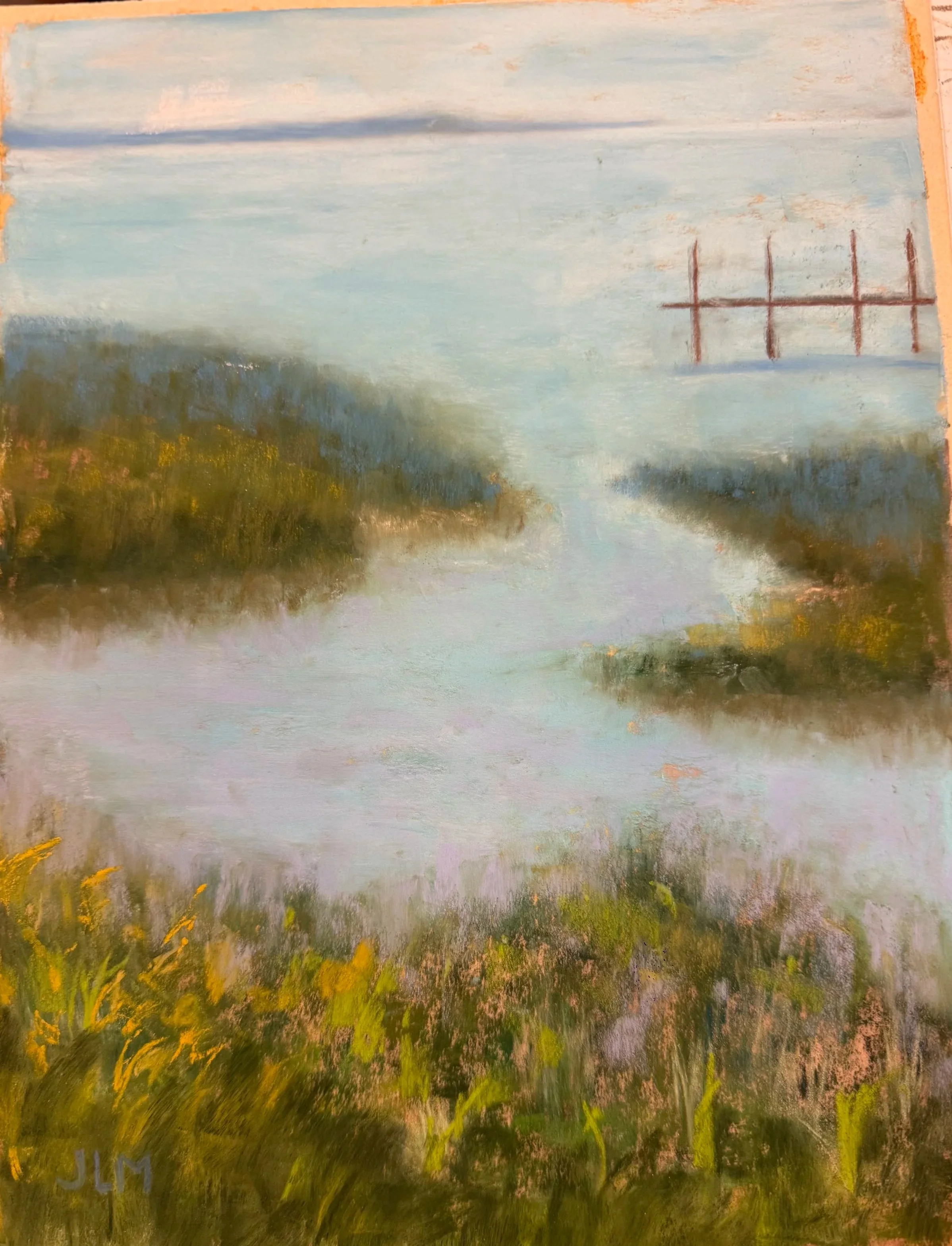 An impressionistic painting of a river landscape with green foliage, a light sky, and power lines in the background.