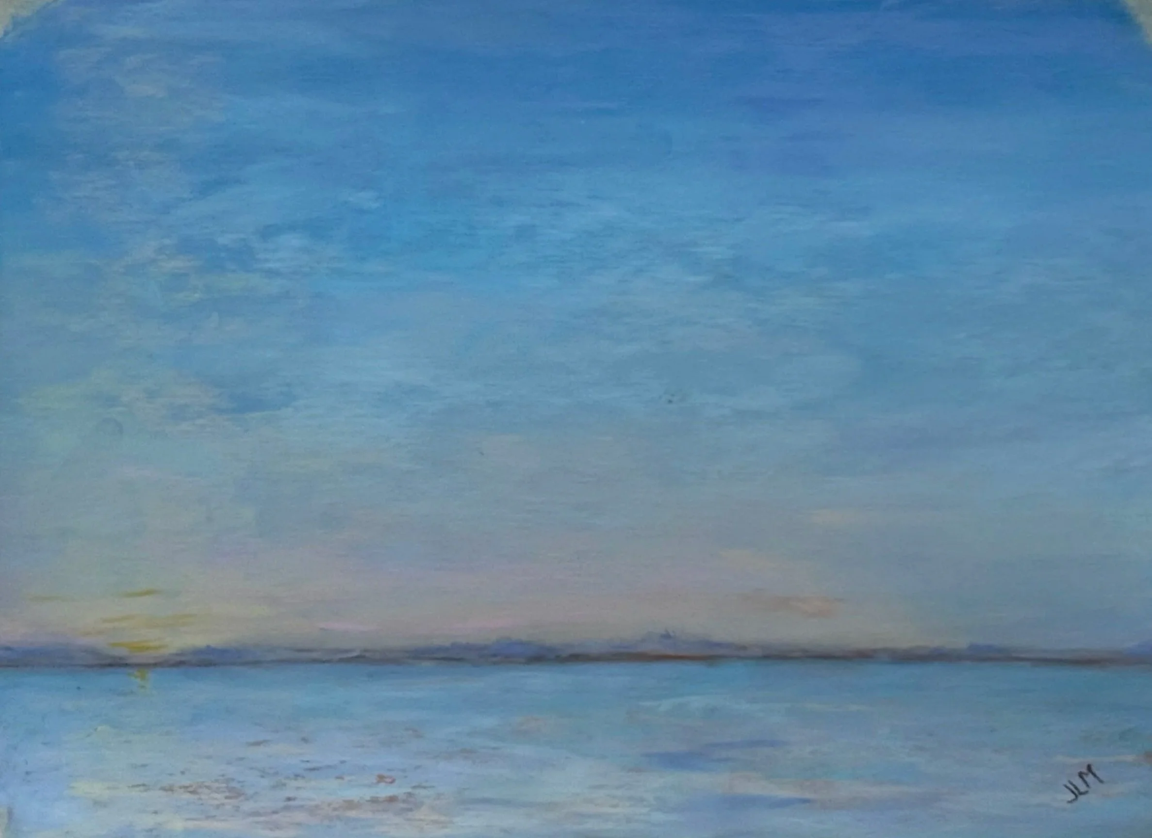 A serene landscape painting of a calm body of water, with a subtle horizon line and a sky painted in soft blue and pastel tones.