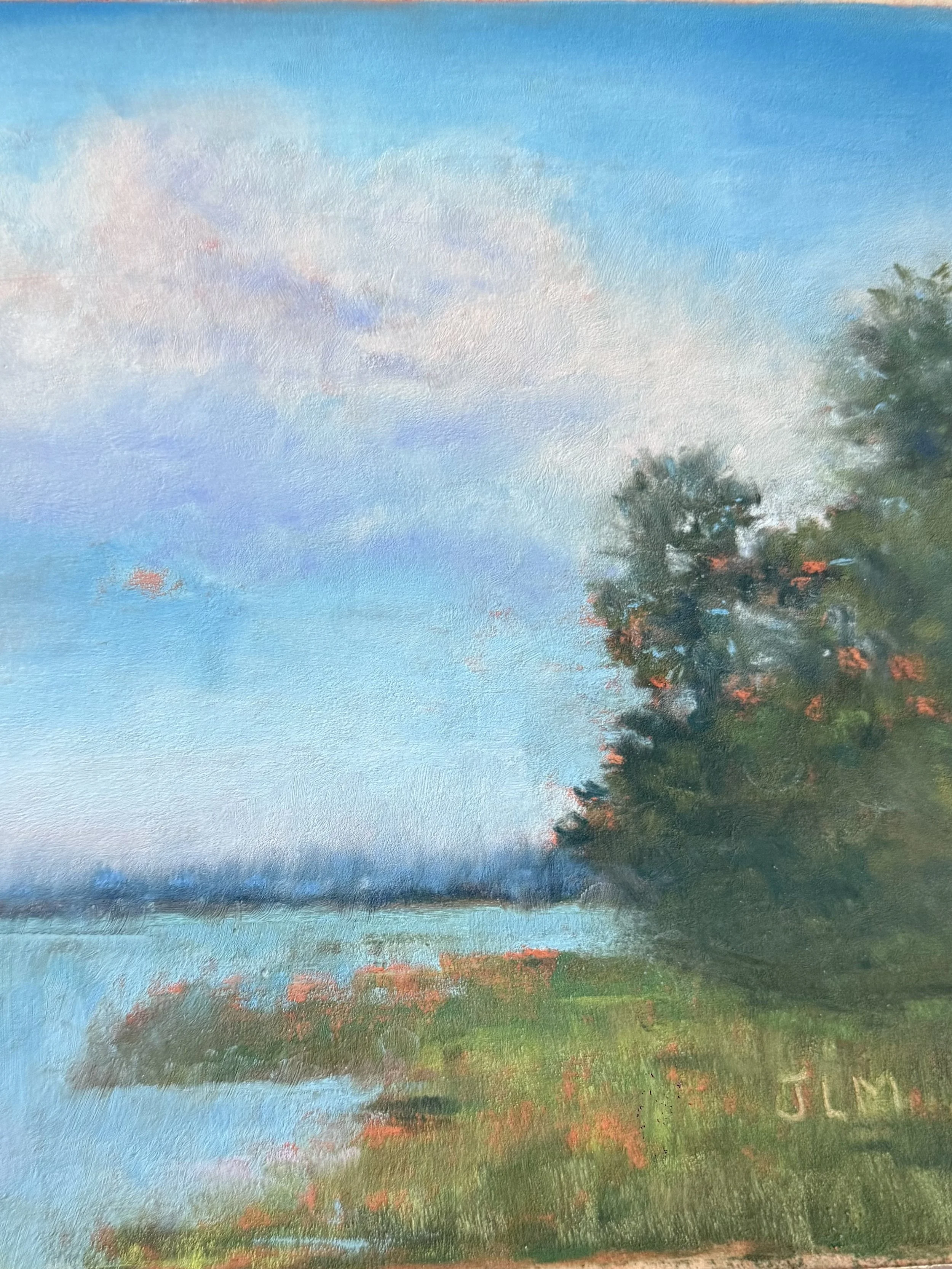 An oil painting of a lakeside scene with a large green tree on the right, grass and flowers in the foreground, water on the left, and a blue sky with some clouds.