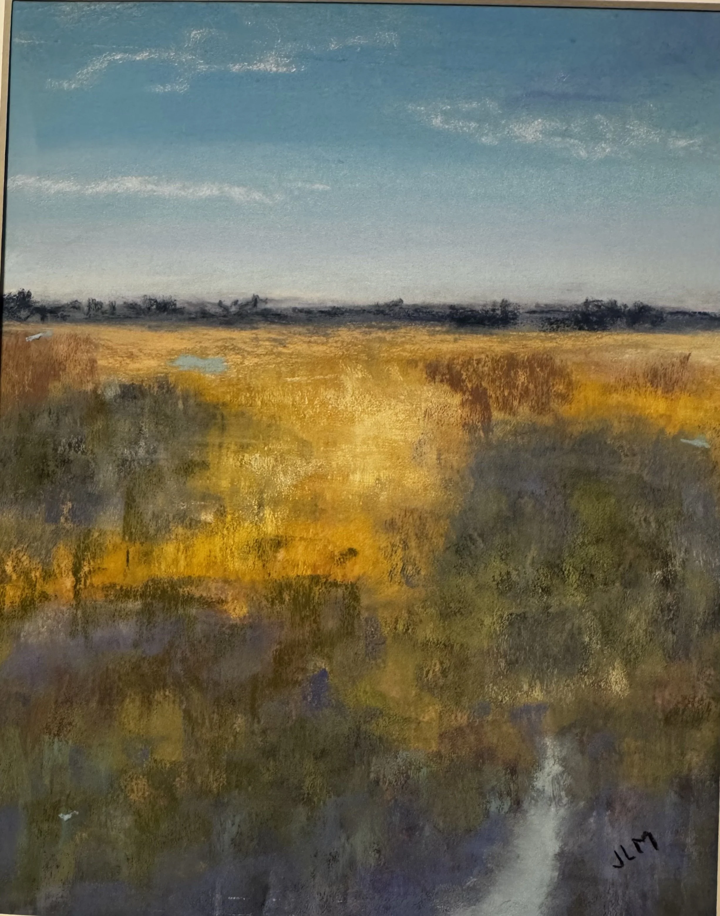 Painting of a vast field with trees in the foreground and a blue sky above.
