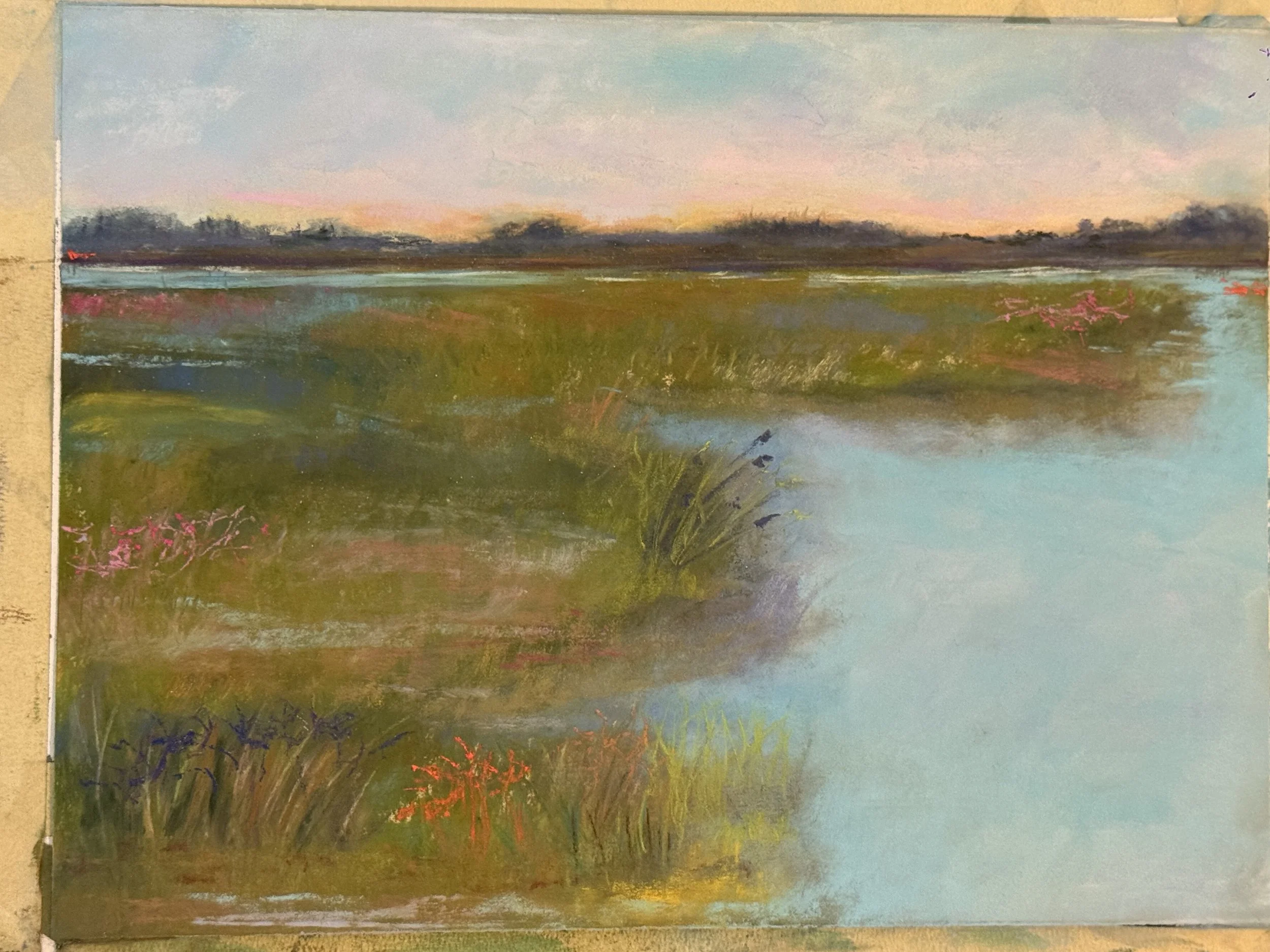 Pastel painting of a serene lake scene with green grassy banks, a calm water body, and a sky with soft pastel hues, possibly during sunset or sunrise.
