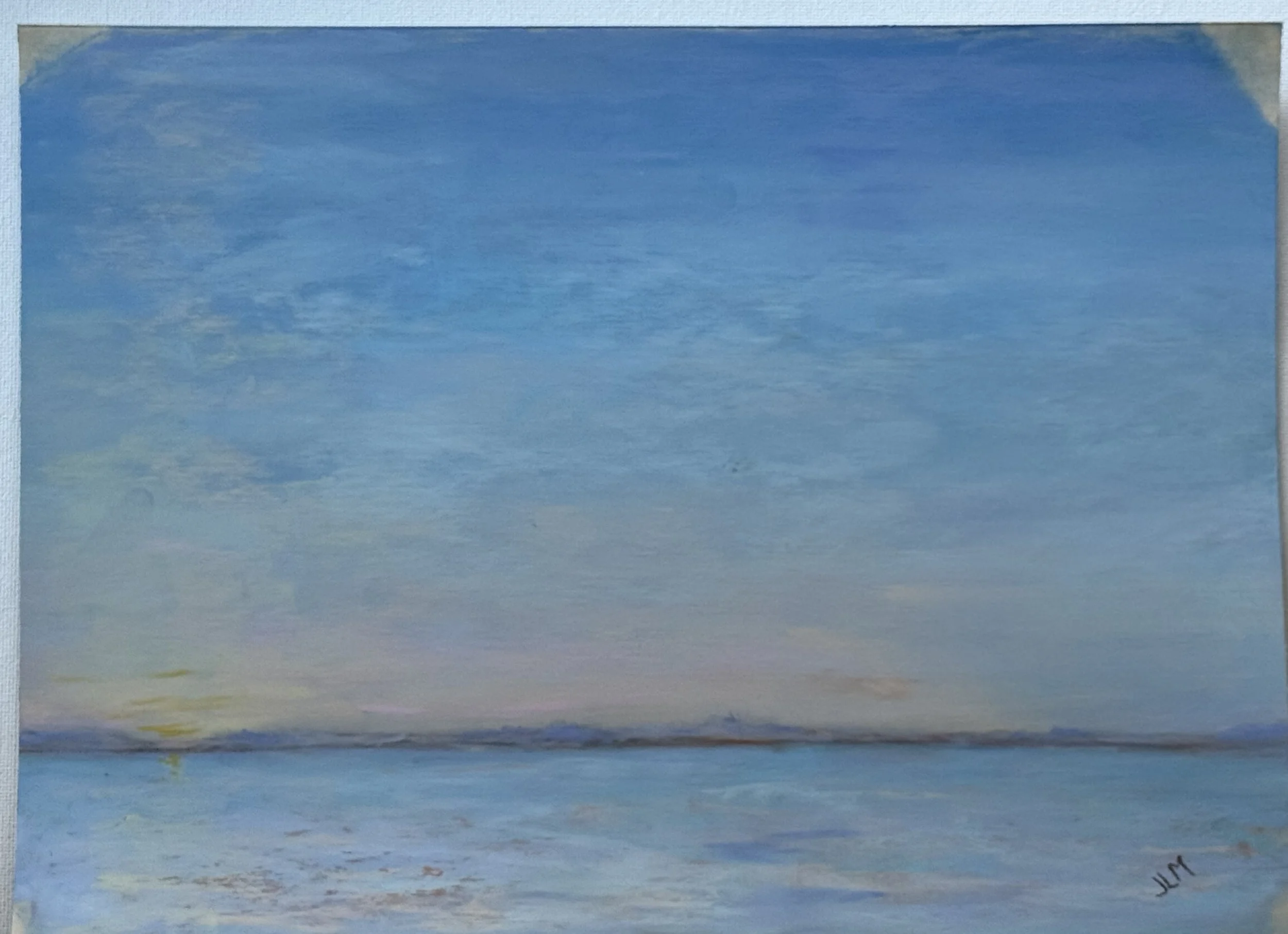 A painting of a calm ocean at sunset with a blue sky and subtle pastel clouds.
