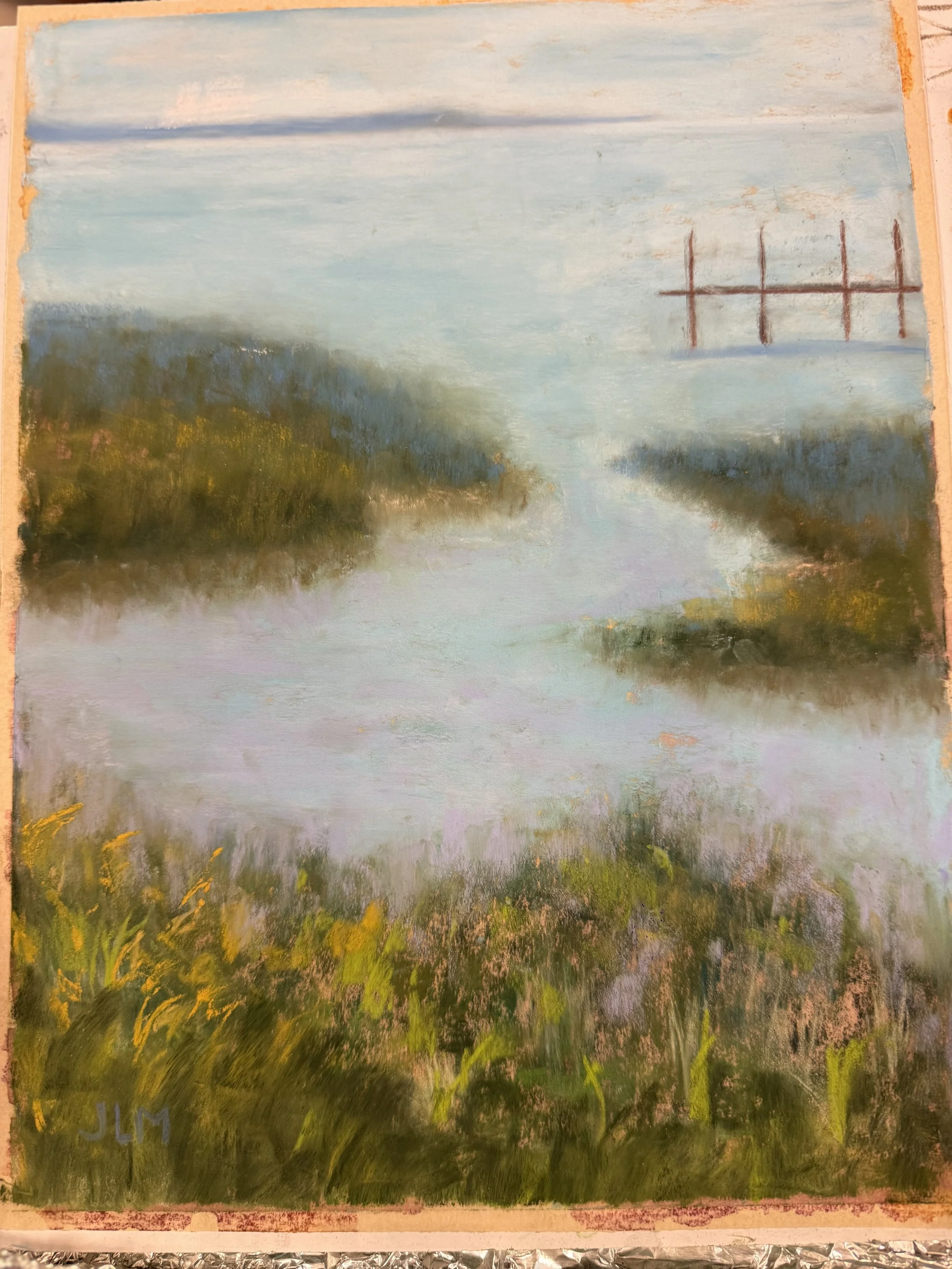 A landscape painting of a river with green grass and trees on the sides, light blue sky with some clouds, and a bridge or structure with vertical and horizontal lines in the distance.