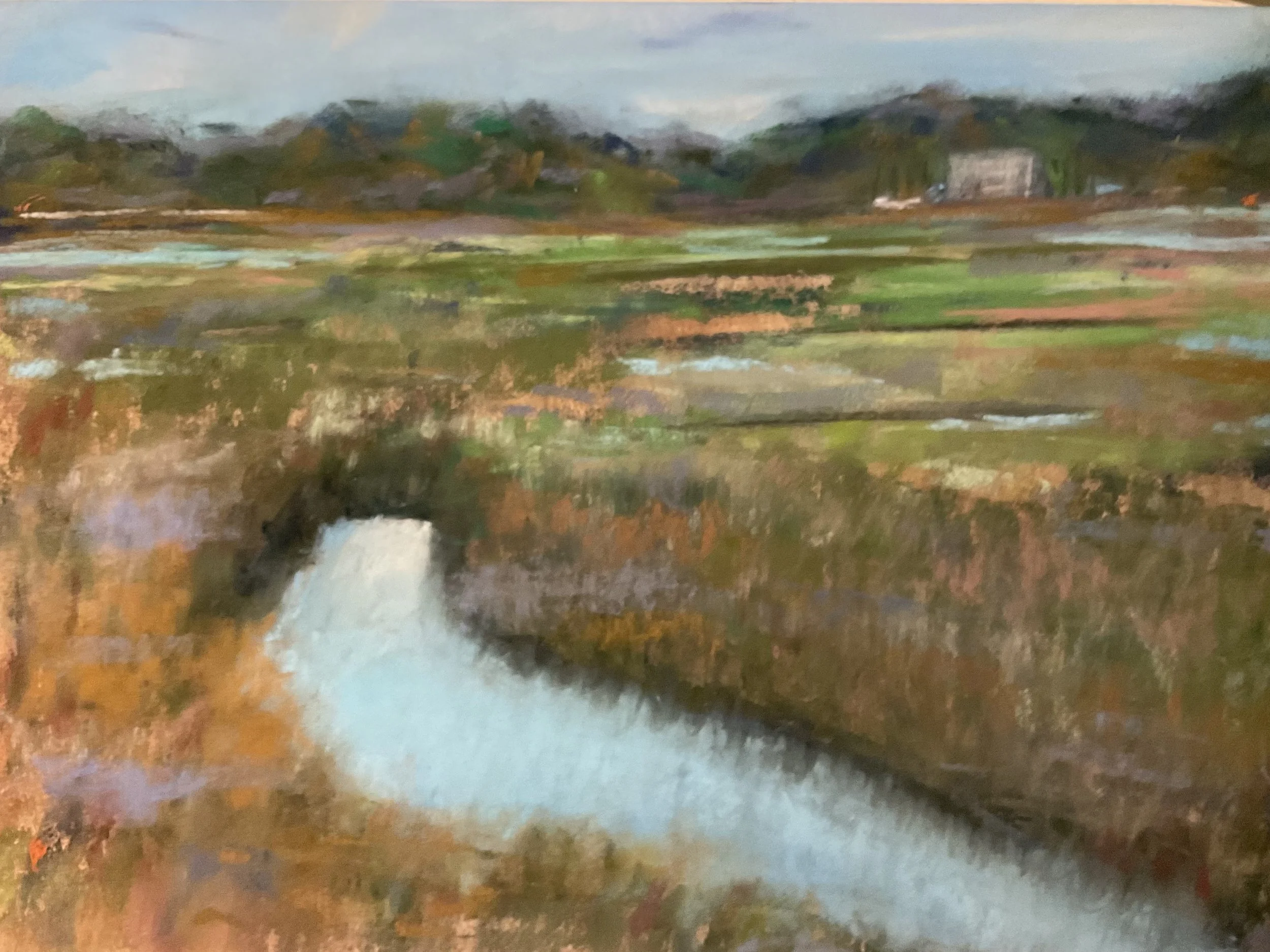 An impressionistic painting of a landscape with a river, trees, and distant hills under a cloudy sky.