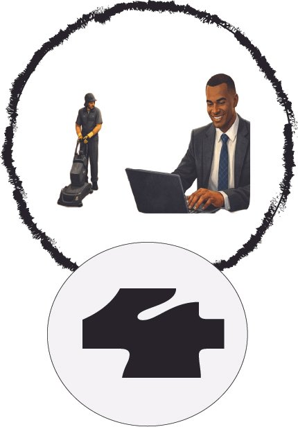 A man in a suit working on a laptop and a cleaning person with a vacuum.