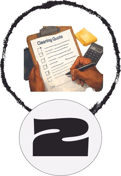 A person writing on a cleaning quote checklist on a clipboard at a desk with a yellow sticky note, calculator, and smartphone.