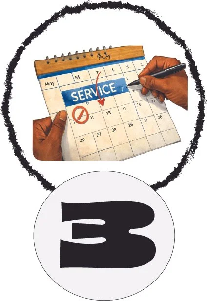 A hand holding a pen crosses out a date on a calendar with the word 'SERVICE' on the date, indicating a canceled appointment, with the number three below.