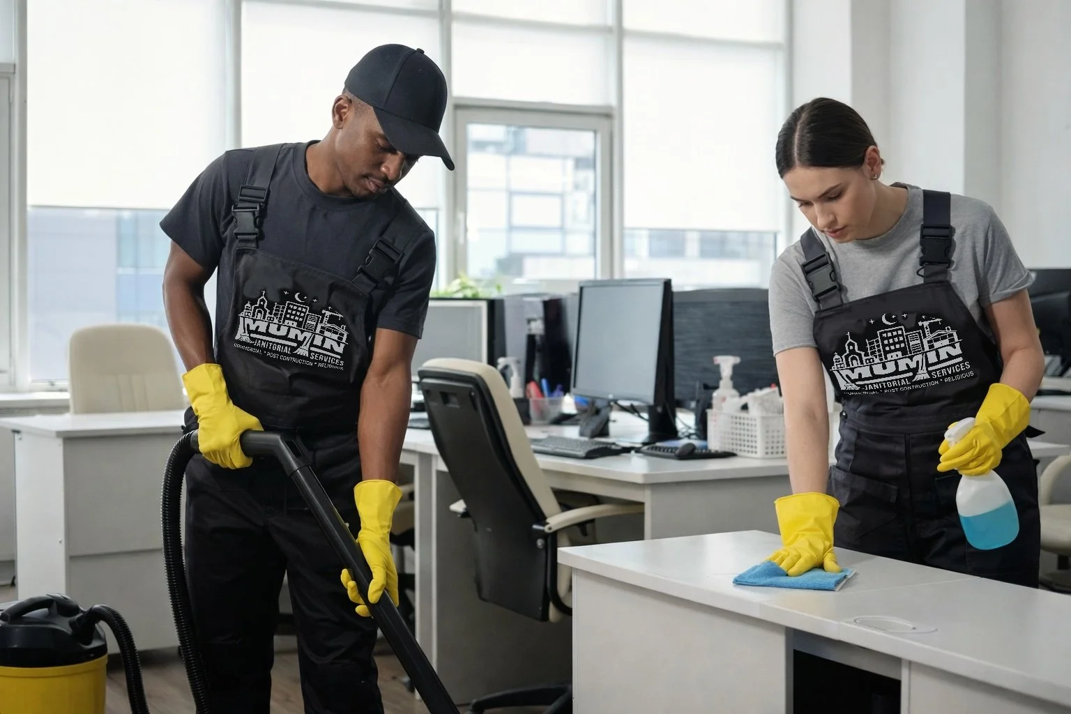 Mumin Janitorial Services employees cleaning an office space