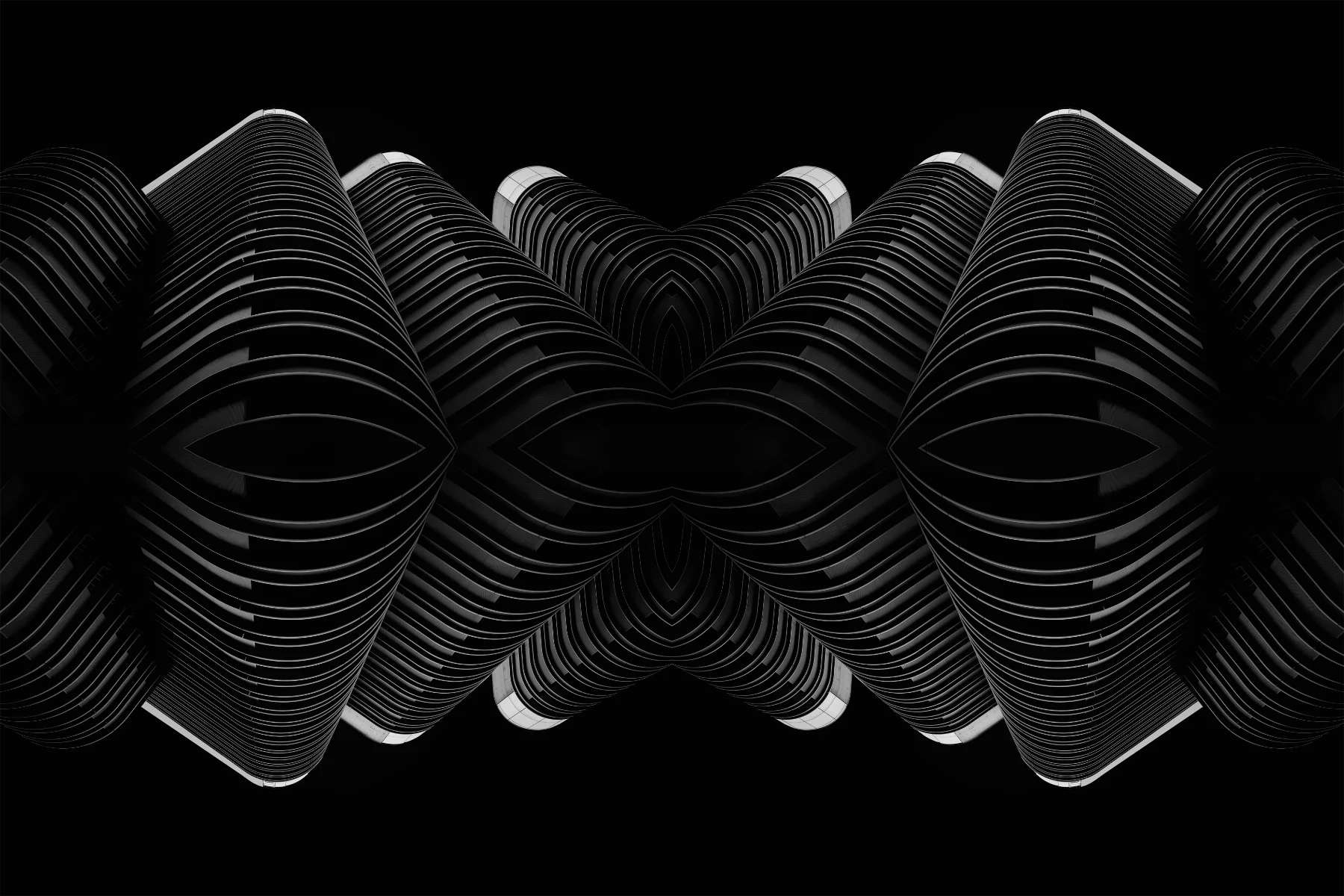 Black and white abstract 3D architectural design with curved layered structures.